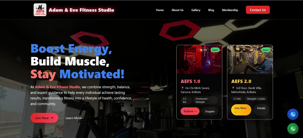 Adam & Eve Fitness Studio — Fitness & Wellness website preview by Velotix Tech